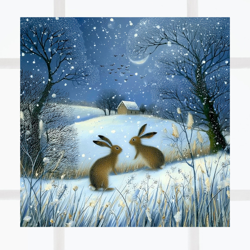 Woodland Rabbits on a Snowy Winter Night WINDOW CLING Size 8″ Vinyl