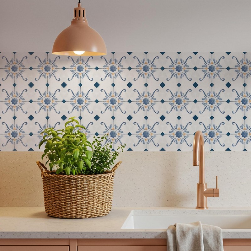 16 Pack, 5.9 Inch Blue and Gold Tile Decals, French Country Watercolor Vinyl ... gallery