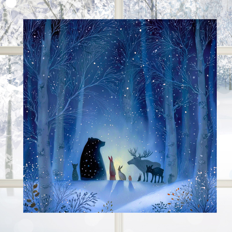 Woodland Animals on Snowy Winter Night WINDOW CLING Size 8″ Vinyl