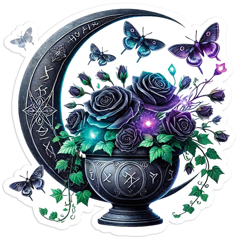 Black Roses Moon Moths – Vinyl Decal Sticker – Car Window Laptop – #132