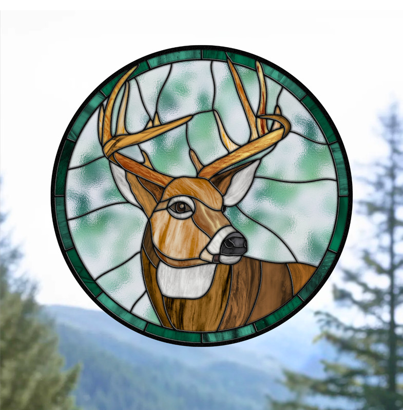 Buck ~ Deer Faux Stained-Glass WINDOW CLING Size 8″ Round Repositionable Vinyl