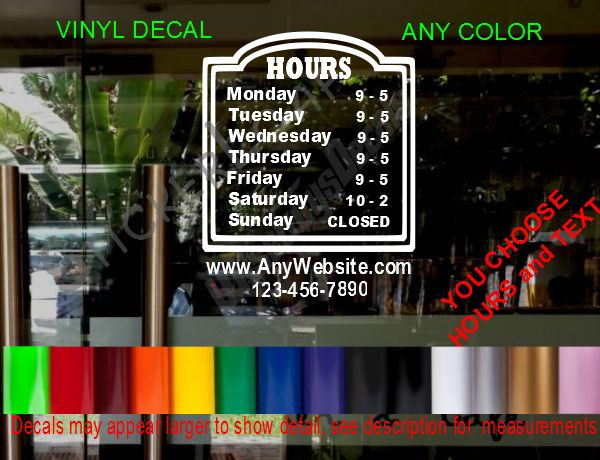 CUSTOM Storefront Door DECAL Hours Sign bakery cafe bar gym salon florist deli