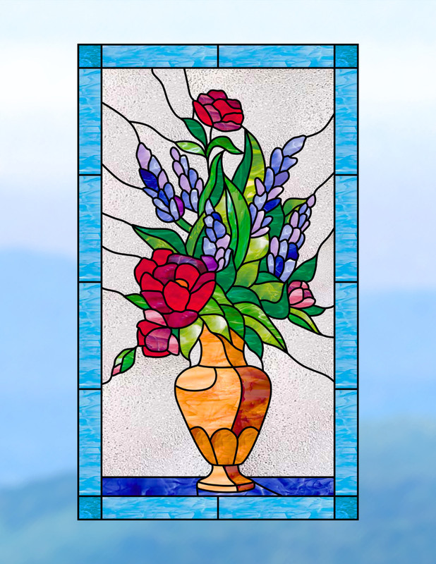 Flowers in Vase Faux Stained-Glass WINDOW CLING Size 10.6″ Repositionable Vinyl