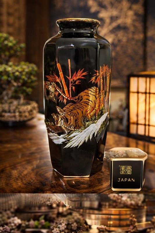 Vintage Japanese Black Lacquer Vase Tiger Bamboo Hand Painted Marked Japan