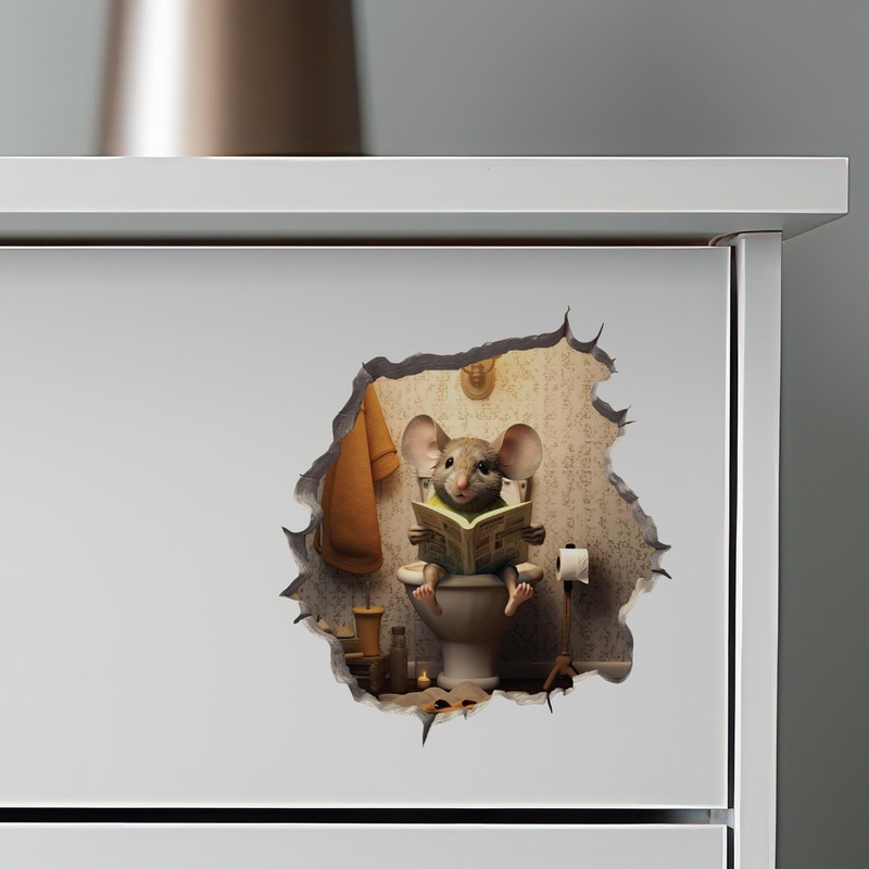 Mouse Hole Decal Sticker, Humorous Toilet Scene, 3D Effect, Multicolor gallery