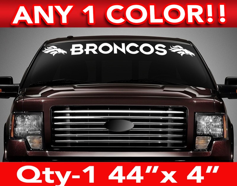 DENVER ” BRONCOS ” w/Heads WINDSHIELD DECAL STICKER 44″w x5″h ANY 1 COLOR