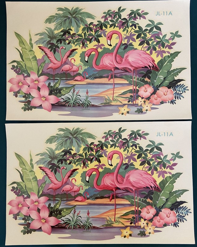 2 1950’s Vintage Pink Flamingo Lrg Decals Liberty Decal Co 8-1/2″ x 13″ JL-11A