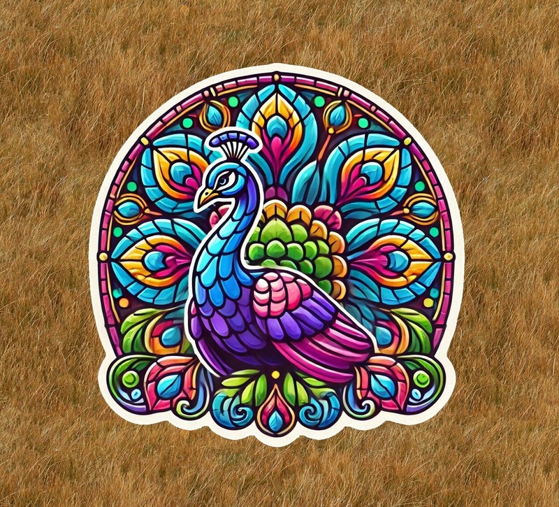 Beautiful peacock in a stained glass design vinyl sticker decal – many sizes