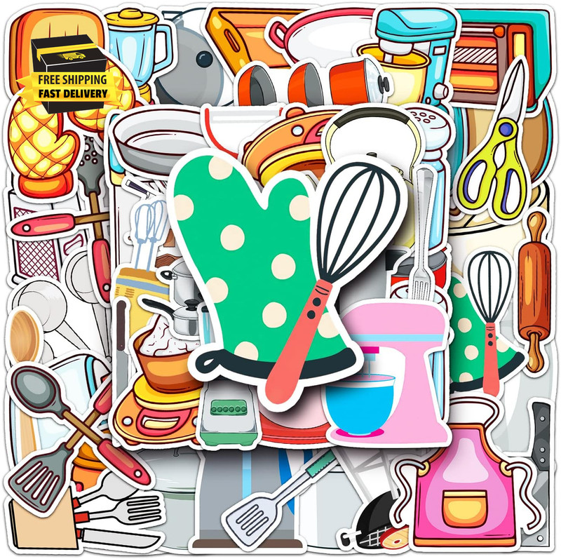 50Pcs Daily Kitchen Utensil Stickers for Water Bottle,Waterproof Viny Stickers f gallery