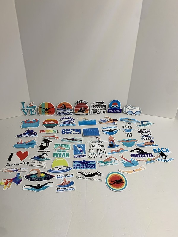 50 Swimming Stickers – Vinyl Waterproof Swim Theme for Kids and Adults (#26541)