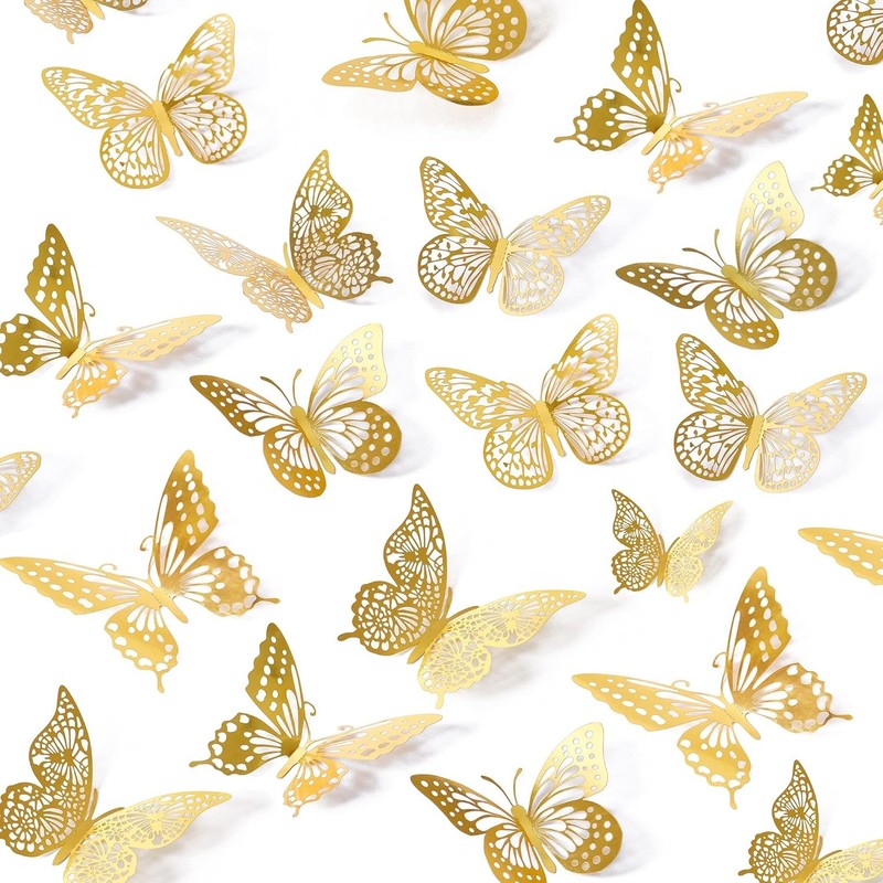 3D Butterfly Wall Decor – 48 Pcs, 4 Styles, 3 Sizes, Gold Butterfly Decorations