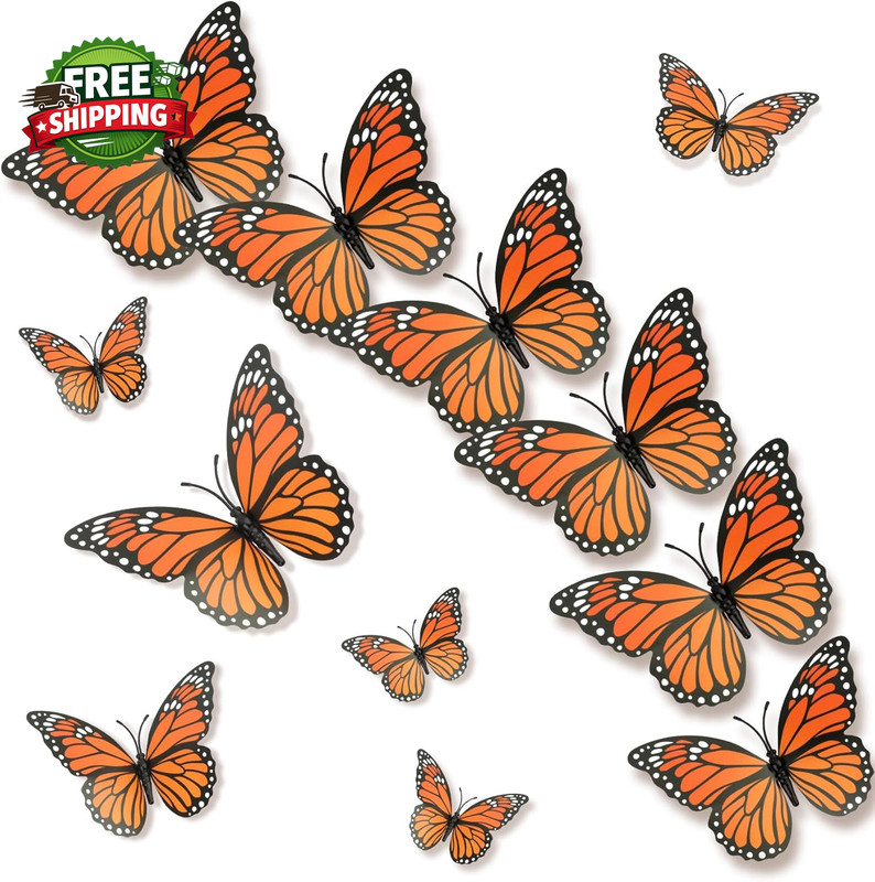 Monarch Butterfly Decorations 3D Halloween Butterfly Wall Decor 12 Pcs Orange.