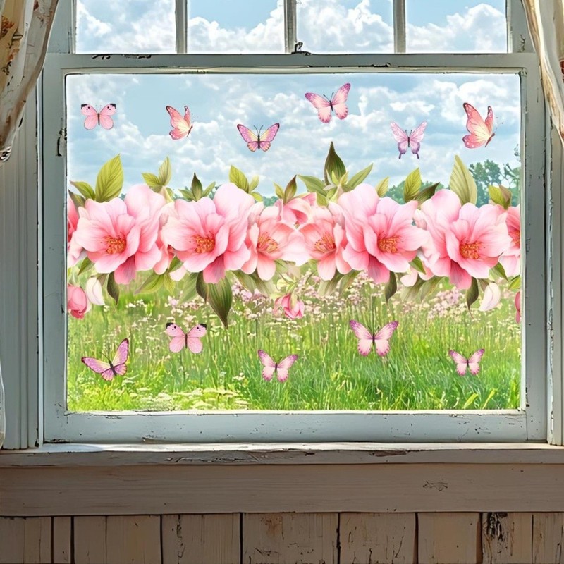 Spring Floral Butterfly Static Cling Decal 23.6 x 11.8 in for Glass Surfaces