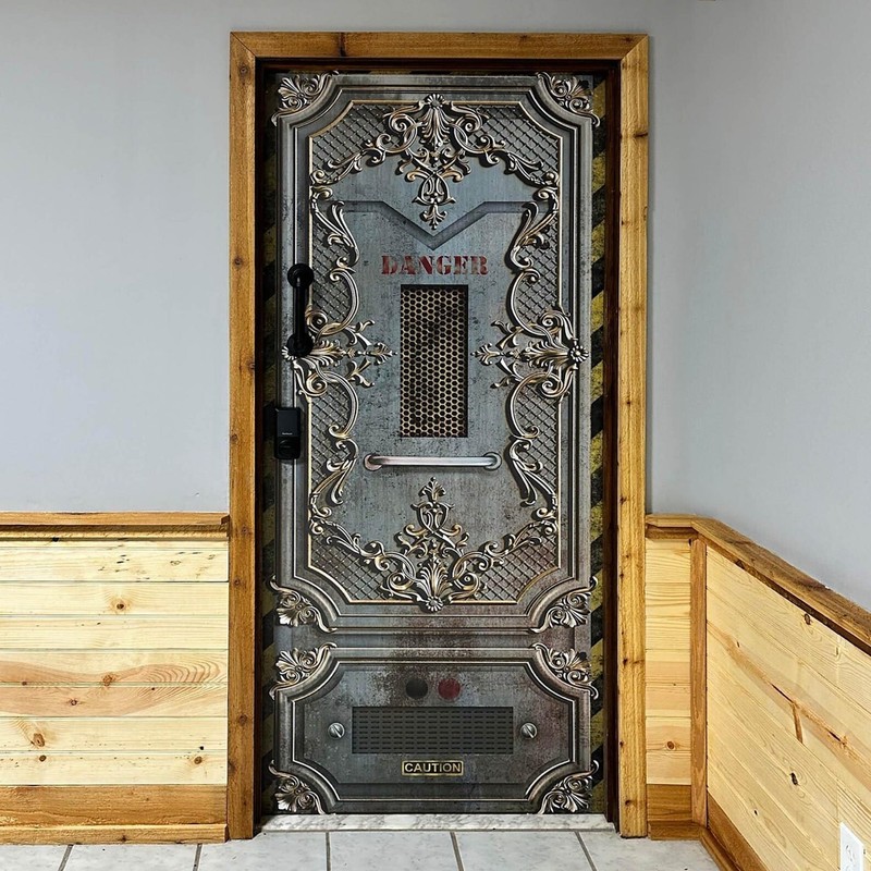 Steampunk Door Mural, Crazy Sticker, Futuristic Grunge Rusty + Golden Patterns