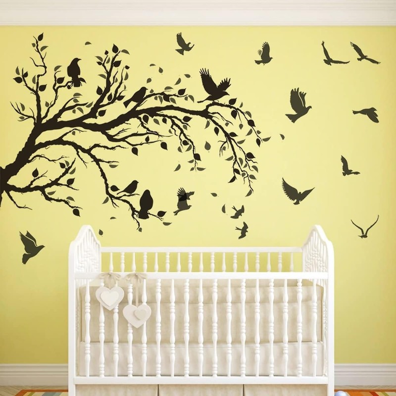 Black Tree Branch Flying Birds Wall Decal 50"" × 30"" DIY Birds Left to Right gallery