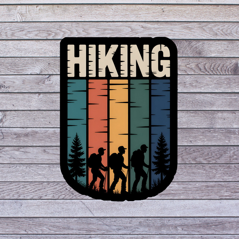 Hiking sticker vinyl decal hiking retro forest silhouettes vertical design