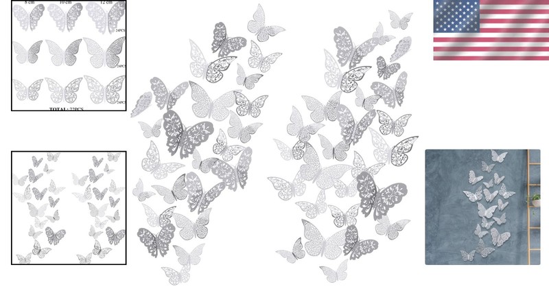 Stunning Silver 3D Butterfly Wall Decals - 72 Decorative Pieces for All Spaces gallery