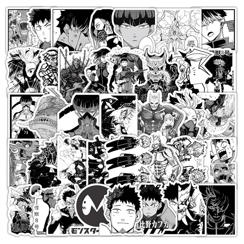 100Pcs Black and White Kaiju No. 8 Anime Sticker for Teens Girls Water Bottles