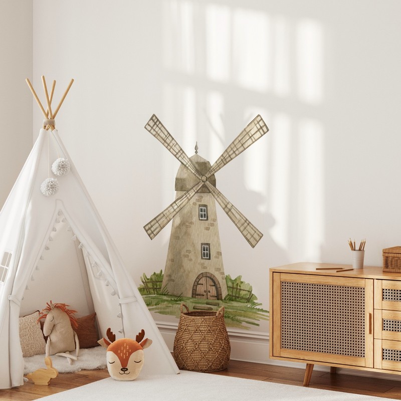 Windmill Wall Decal Fabric Wall Art Sticker Cottagecore Farm Nursery Decor
