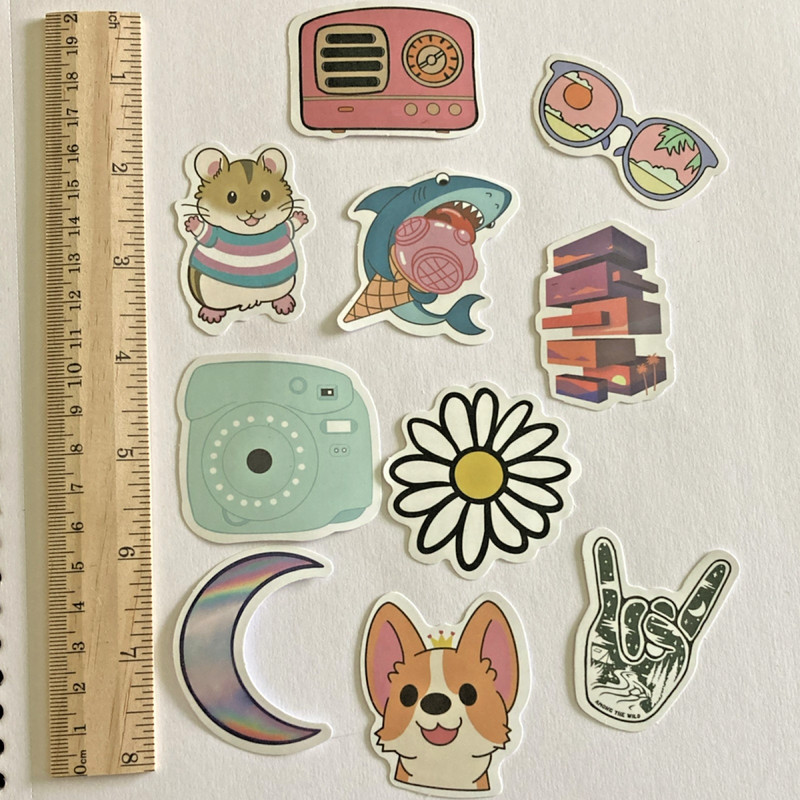 10 Multicolor Vinyl Stickers, Removable Cartoon Animals, Dog, Shark, Hamster Set