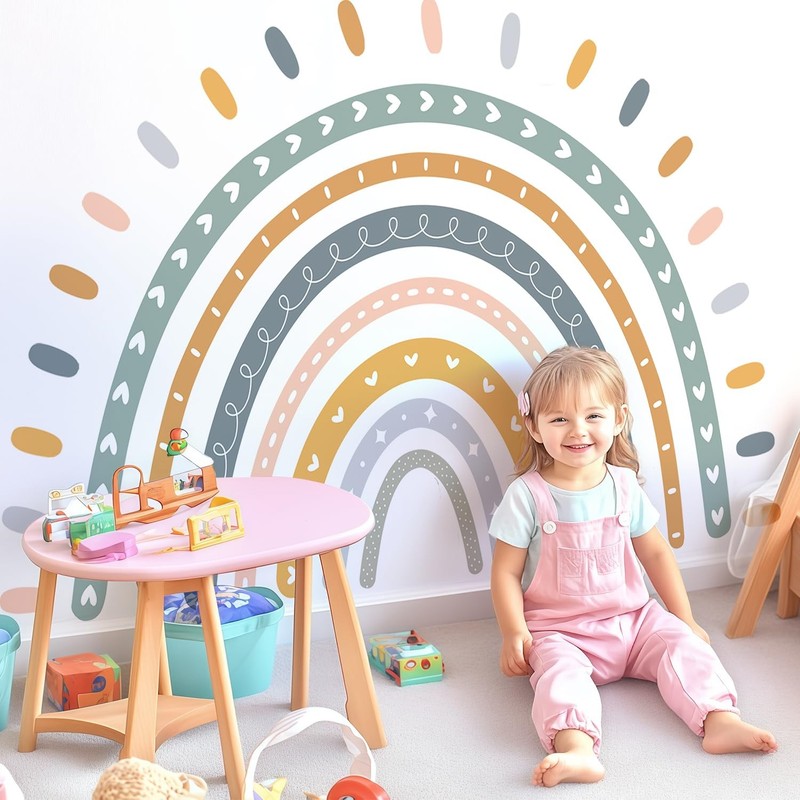 Large Cute Rainbow Wall Decals, Boho Sun Peel and Stick Fabric Nursery Wall D…
