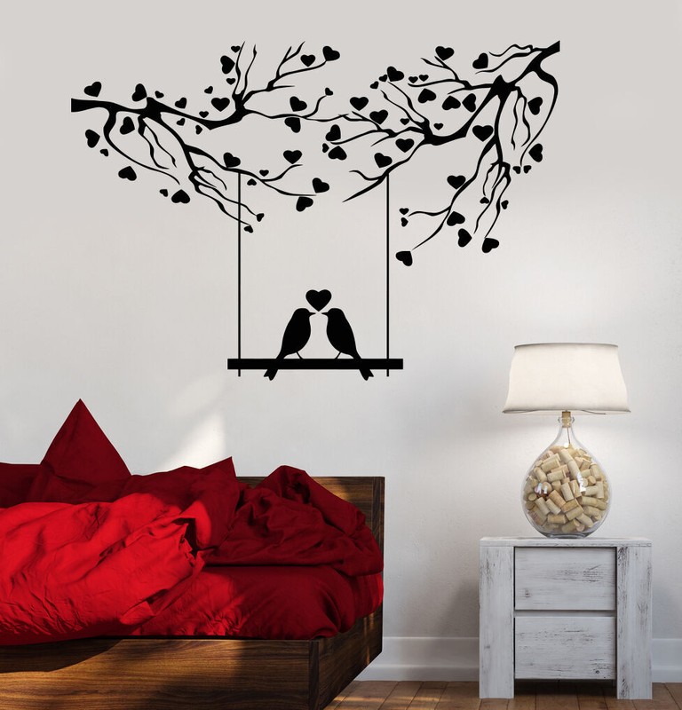 Vinyl Wall Decal Birds Tree Branches Heart Love Romance Swing Stickers (1231ig)