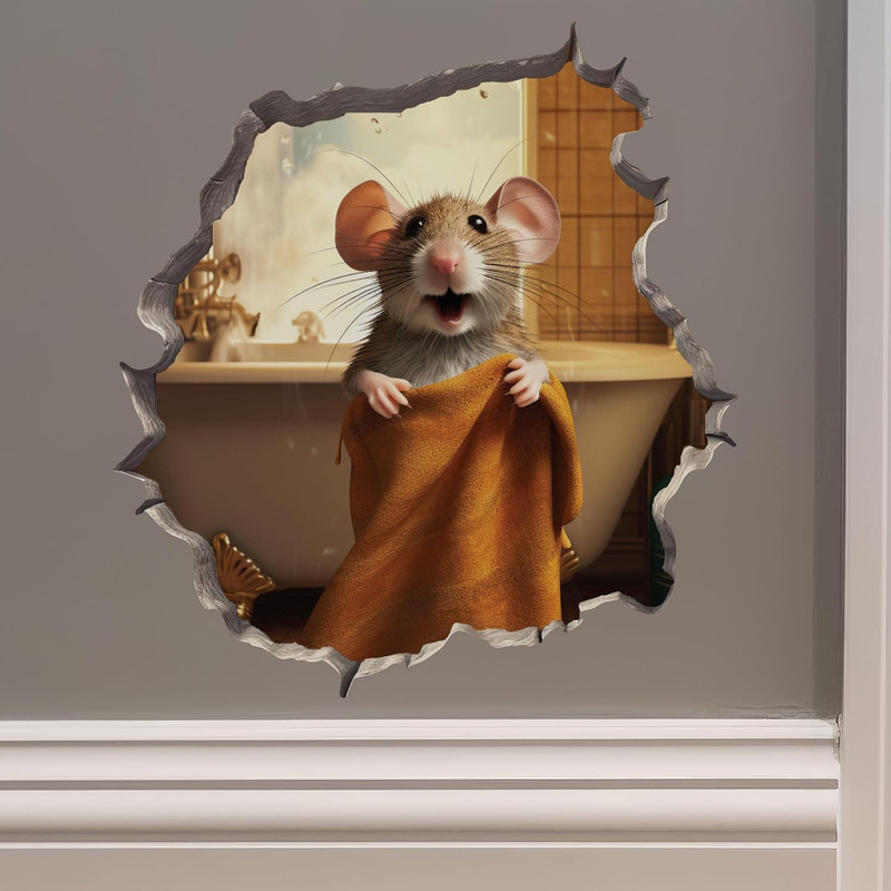 Bathroom Towel Mouse Wall Hole Decal – Wall Sticker with 3D Effect – Fun Gift Id