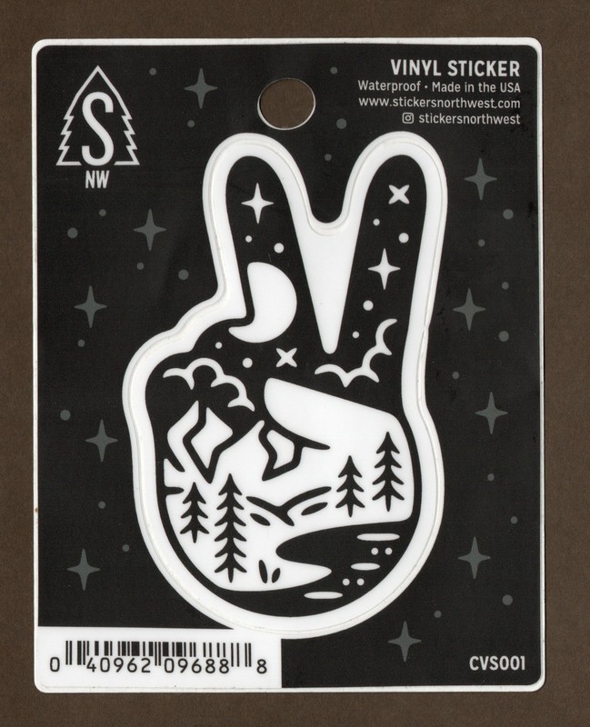 Peace Sign Vinyl Sticker Decal, 3.5″, Nature/Forest Theme, 2 Finger, Hand B & W