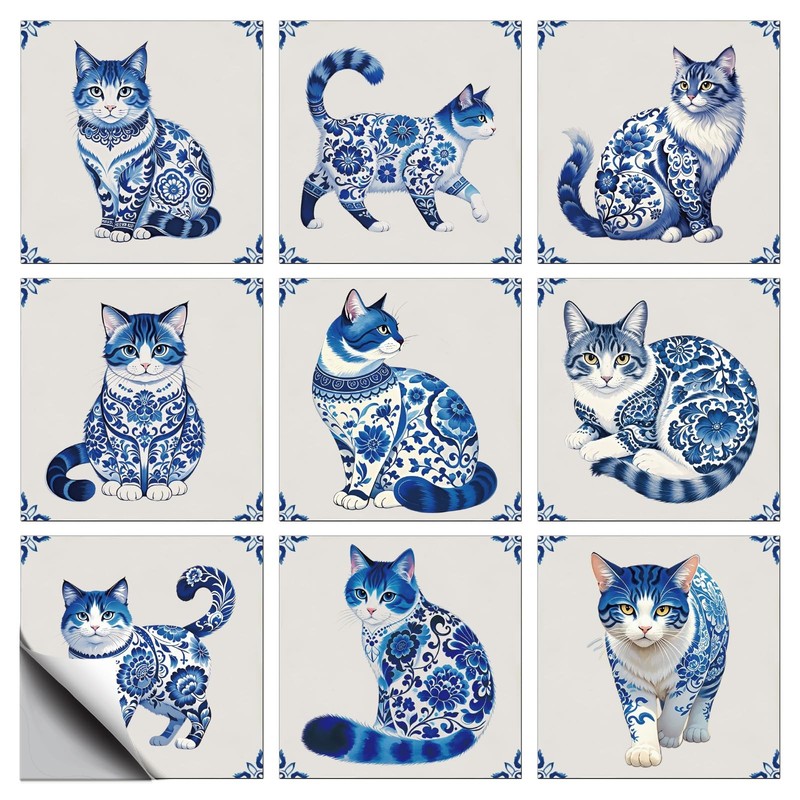 36 Pcs 9 Style Wall Stickers Blue Cats in Various Poses Peel and Stick Wall T…