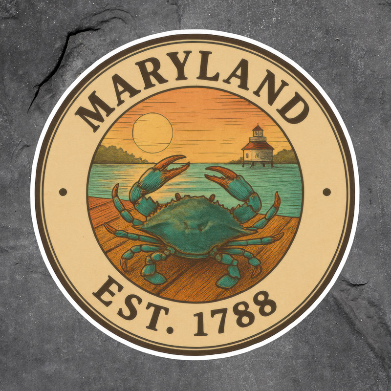 Maryland sticker vinyl decal blue crab lighthouse ocean sunset retro art