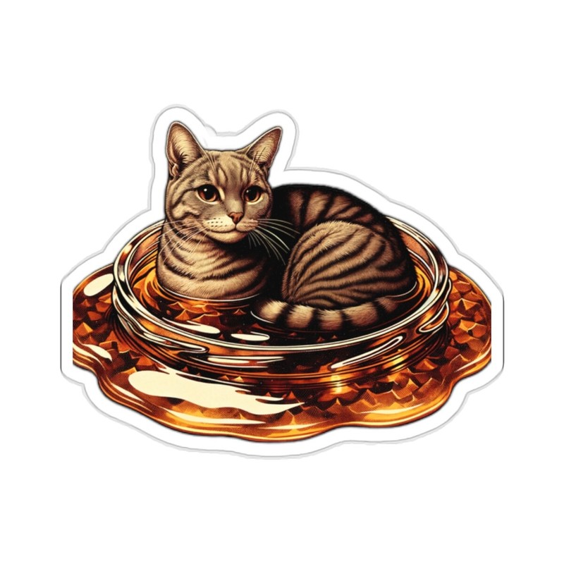 Weird Obscure Sticker Cat Sitting in Maple Syrup Absurd Art 2×2″ 3×3″ 4×4″ 6×6″