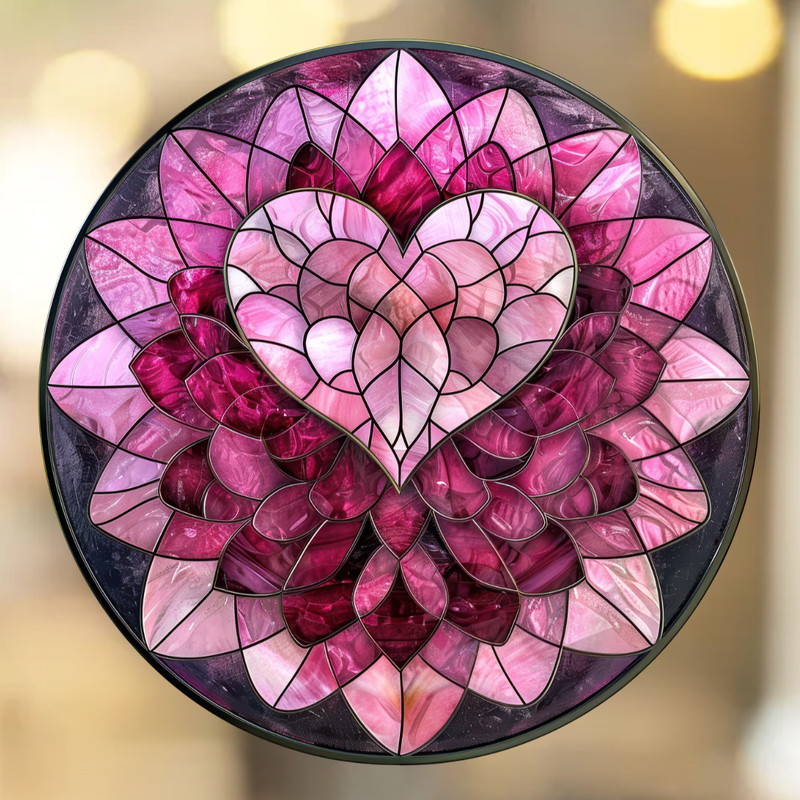 Heart Flower Faux Stained-Glass WINDOW CLING Suncatcher Size 8″ Round