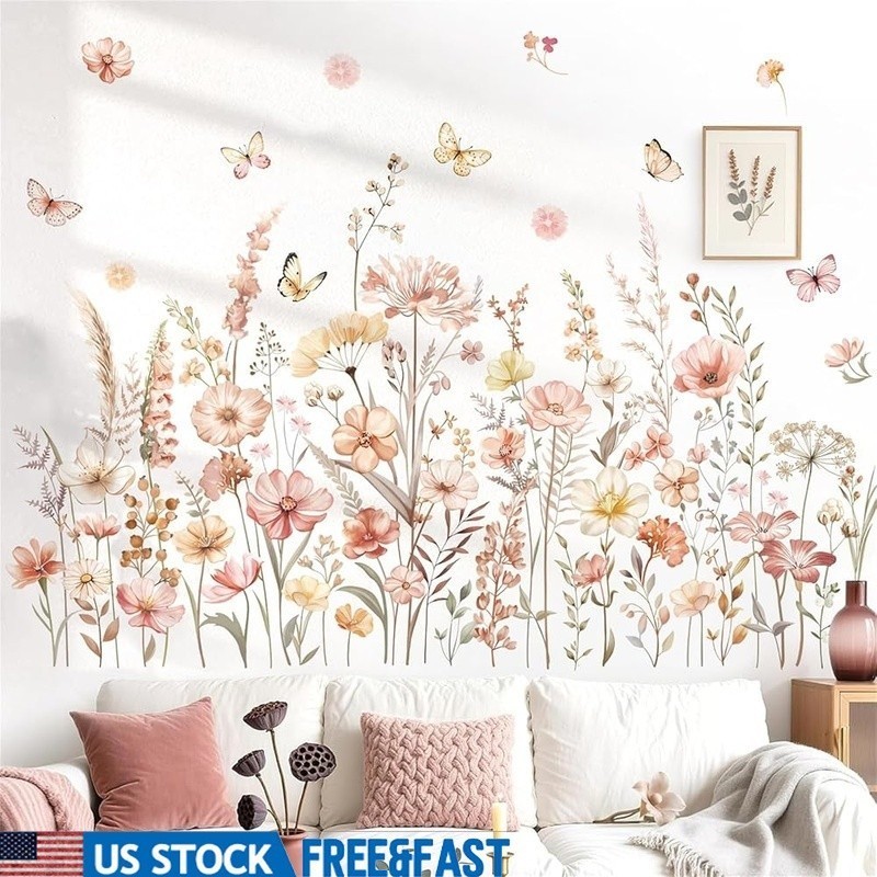 Watercolor Floral Wall Stickers Removable Waterproof Decals Home Decor 2 Sheets