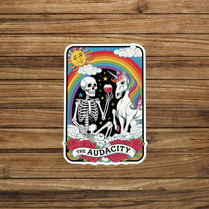 Audacity Tarot Card Sticker – Skeleton Unicorn Sun Rainbow Sticker #2180
