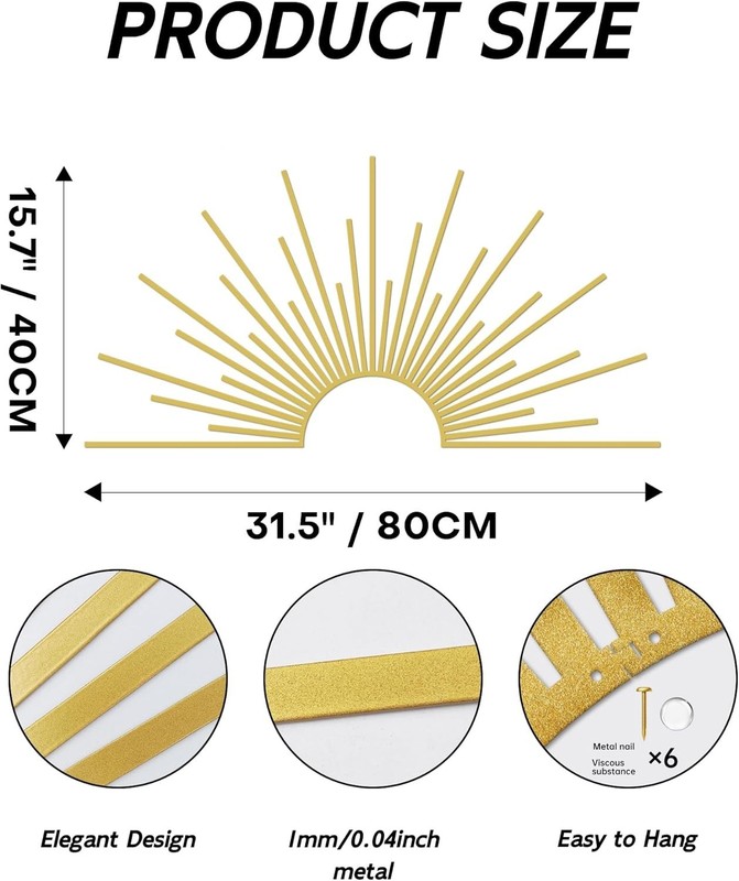 Radiant Gold Sun Wall Art 31.5"x15.7" - Lightweight & Easy Adhesive Installation gallery
