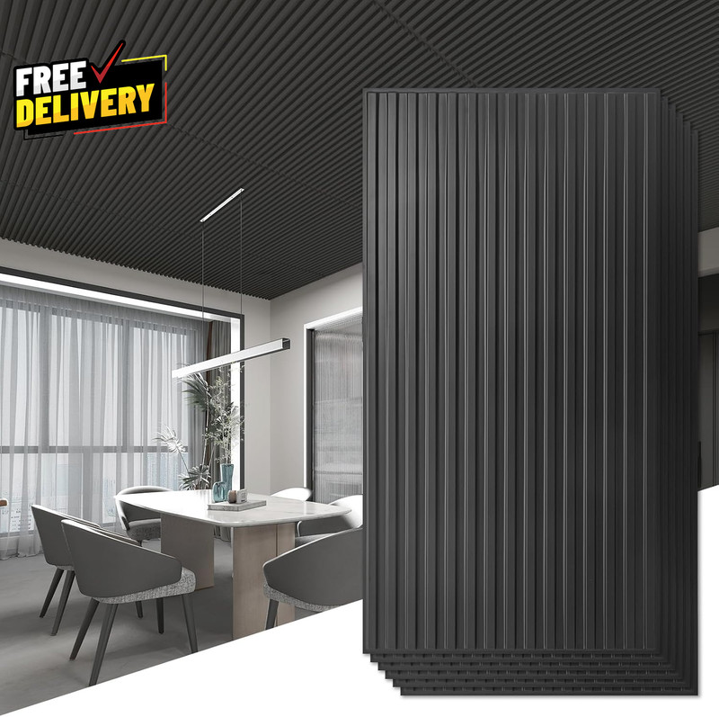 6 Pack 3D Slat Wall Panels 2x4ft PVC Decorative Ceiling Tiles Black