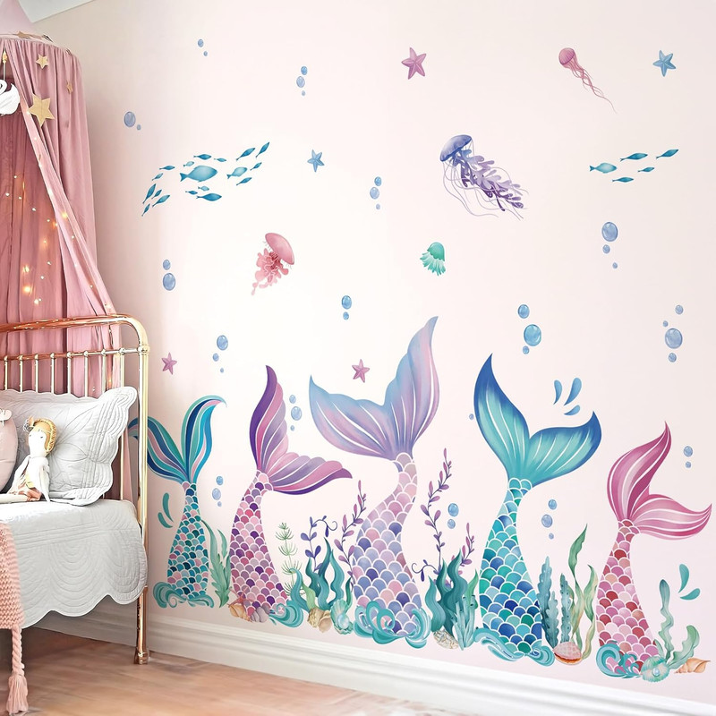 Wondever Mermaid Tail Wall Stickers under the Sea Mermaid Bubble Seaweed Peel an