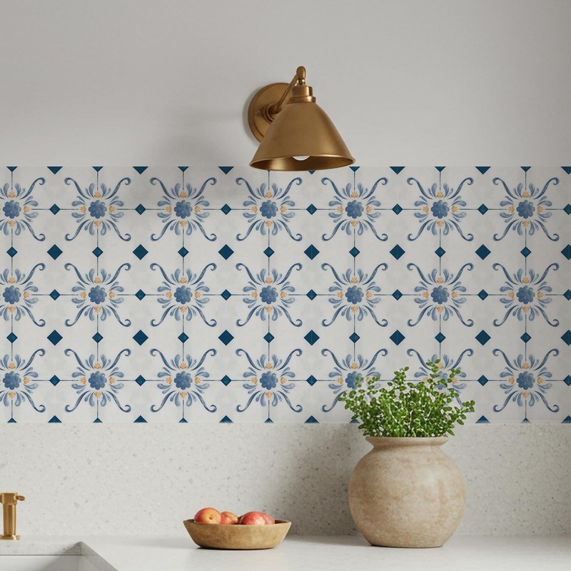 16 Pack, 5.9 Inch Blue and Gold Tile Decals, French Country Watercolor Vinyl ... gallery