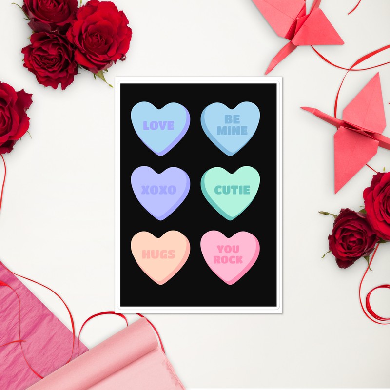 Valentine’s Day Sticker Sheet – 6 Conversation Heart Stickers – Indoor Use Only