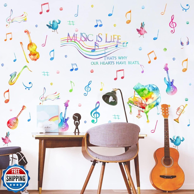 Yovkky Watercolor Music is Life Wall Decal Sticker, Peel Stick Musical Instru