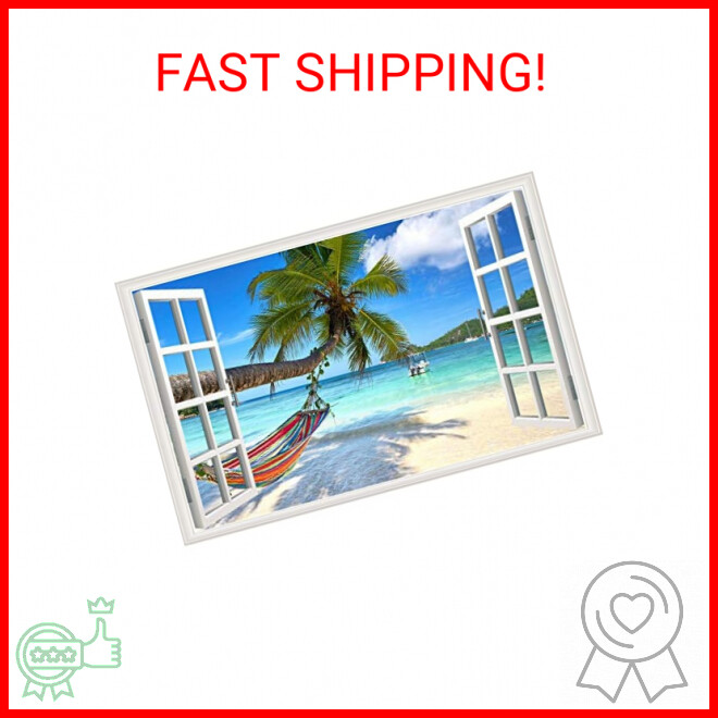 Rajahubri Beach Seascape Window Wall Sticker Palm Tree and Hammock Fake Window