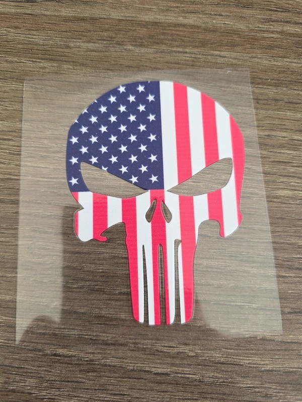 Punisher Skull US Flag Raised Full Color UV DTF Sticker Decal 4in X 4in