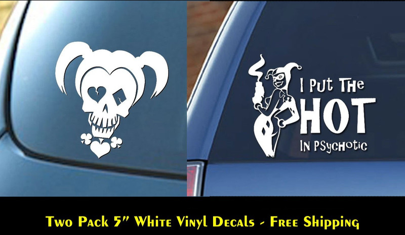 Harley Quinn Skull & Hot in Psychotic 2 PK 5″ White Vinyl Decals Vehicle Windows