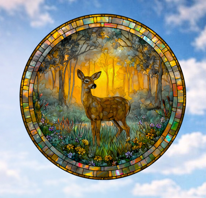 Deer Faux Stained-Glass WINDOW CLING Size 8" Round, Repositionable Vinyl gallery