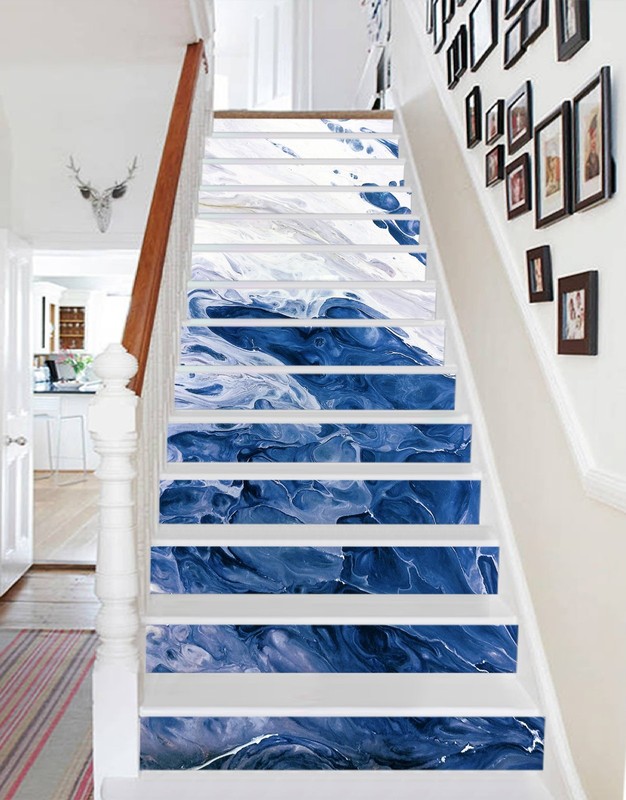 3D White Blue Paint 1 Tile Marble Stair Risers Decoration Vinyl Wallpaper Mural