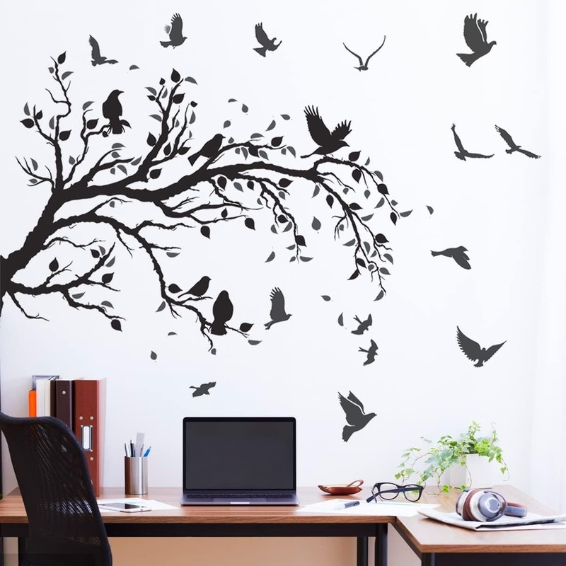 Black Tree Branch Flying Birds Wall Decal 50"" × 30"" DIY Birds Left to Right gallery