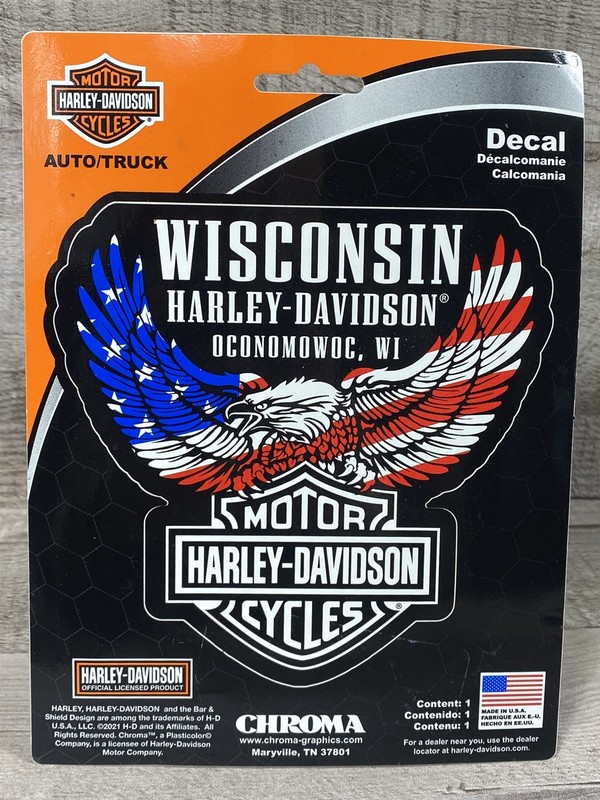 Harley Davidson Motorcycles Oconomowoc WI USA Flag Upwing Eagle 5″ Decal – New