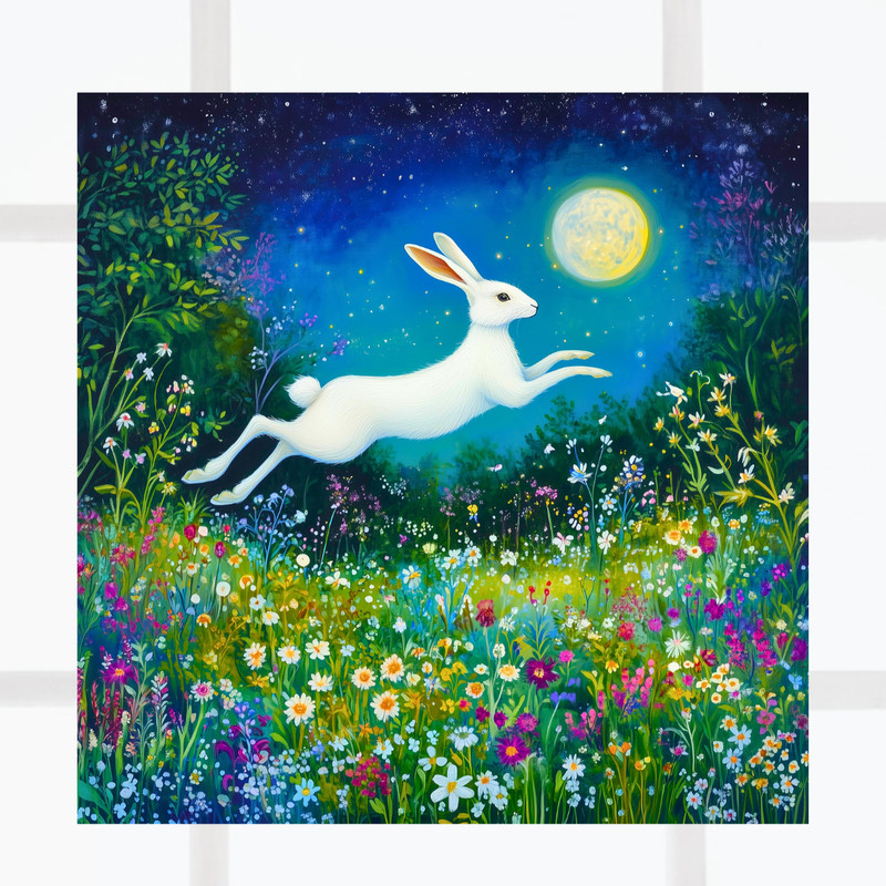 Enchanted Hare & Full Moon Whimsical WINDOW CLING Size 8″ Repositionable Vinyl