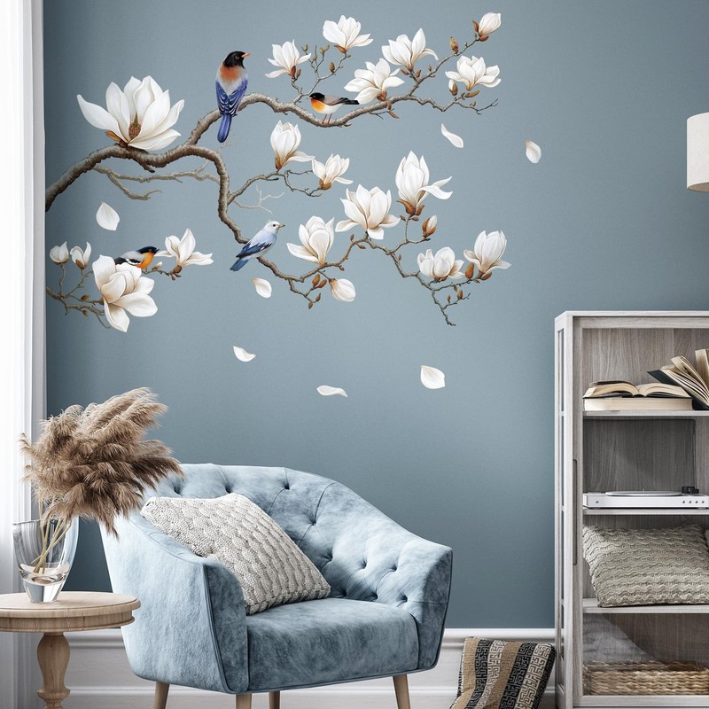 White Magnolia Tree Wall Decals Peel and Stick, Trees Flowers Wall Decor Stic...