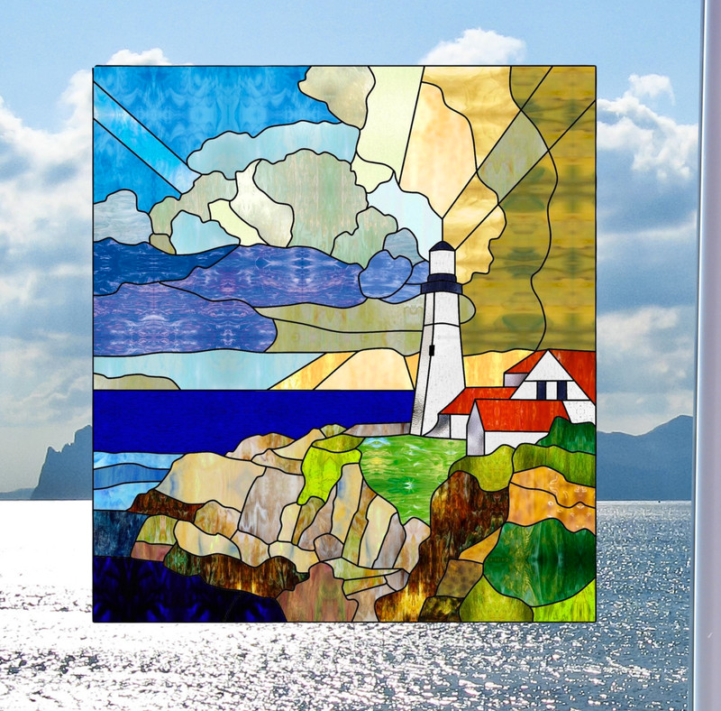 Lighthouse Faux Stained-Glass WINDOW CLING Size 8.9″ Repositionable Vinyl